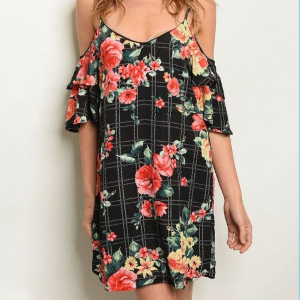 BLACK COLD SHOULDER FLORAL DRESS